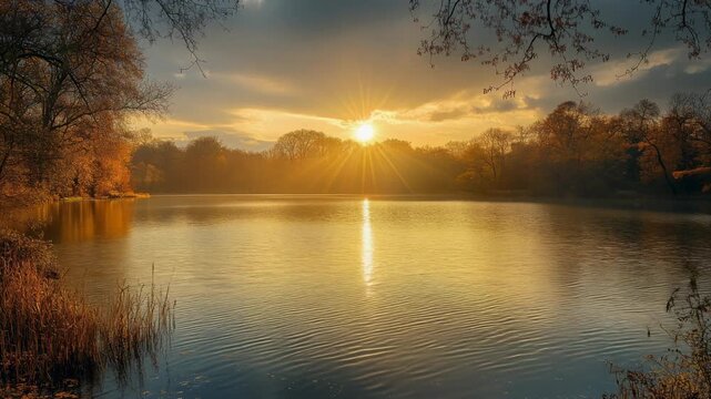 A golden sunset casts rays over a serene lake bordered by fall foliage trees
