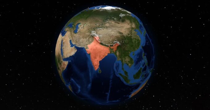 India on the Globe. Zoom into the country with the Earth spinning in space. High detail physical world map with India on it. Country view animation. Elements of this image furnished by NASA.