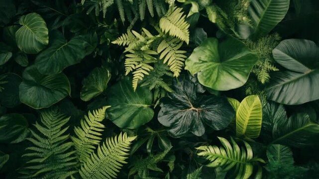 A lush, verdant composition featuring an assortment of textured leaves & fern foliage