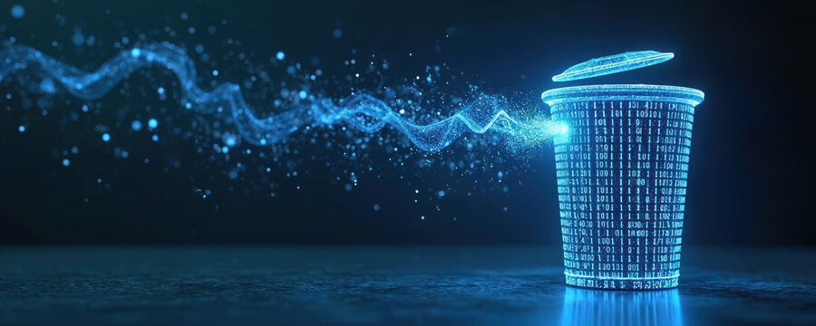 Futuristic digital bin deletes data stream. Binary code forms rubbish. Cyberspace information deletion. Secure data removal concept. Network, privacy clean up. Digital waste bin abstract