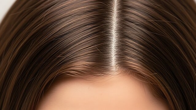 Close up of a womans healthy brown hair parting with a clean scalp.