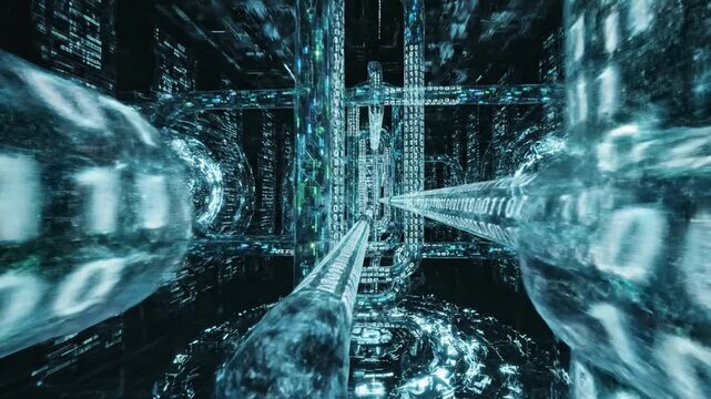 Futuristic digital binary code technology abstract data network cyberspace blue glowing tunnel matrix virtual computer science information communication internet system background with fast cyber