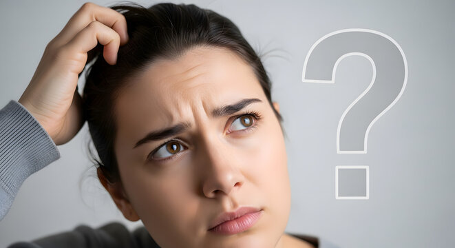 Woman with hand on head looking confused.