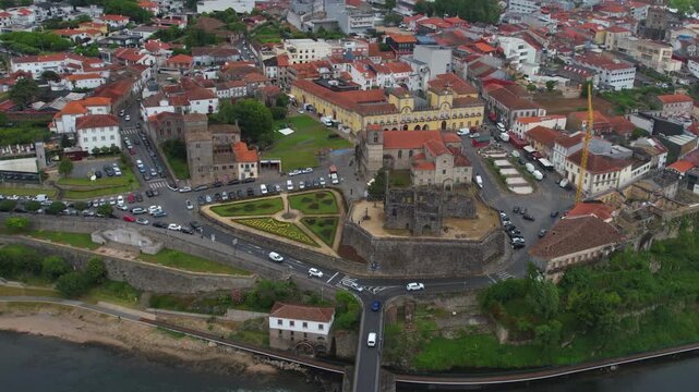 Aerial view of the downtown in the old town  of Barcelos on a cloudy summer noon in Portugal