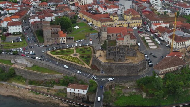 Aerial view of the downtown in the old town  of Barcelos on a cloudy summer noon in Portugal