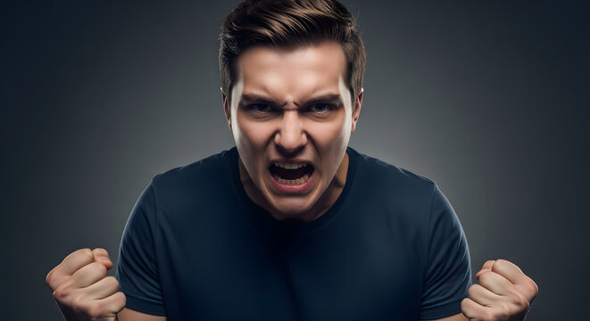 Angry Man Screaming with Fists Clenched.