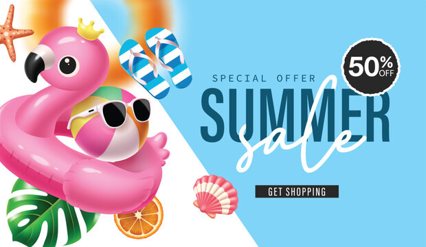 Summer Sale Vector Background with Pink Flamingo Float Beach Ball Sunglasses and Tropical Leaves