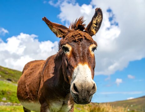 Donkey Portrait with Blue Sky and Clouds in Ireland.