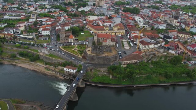 Aerial view of the downtown in the old town  of Barcelos on a cloudy summer noon in Portugal