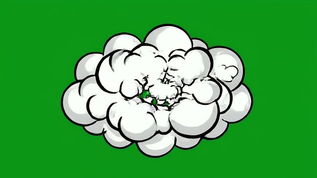 Stylized cartoon explosion or smoke cloud illustration against a vibrant green background
