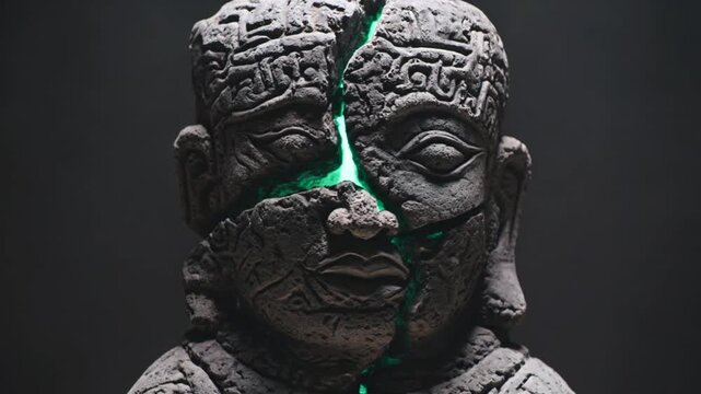 A close-up shot of a cracked stone sculpture of a person's head with intricate designs on a dark background.