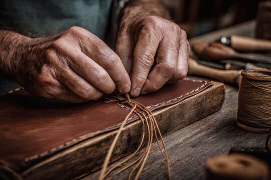Close-up of artisan's hands saddle-stitching premium vegetable-tanned brown leather using thick waxed thread.