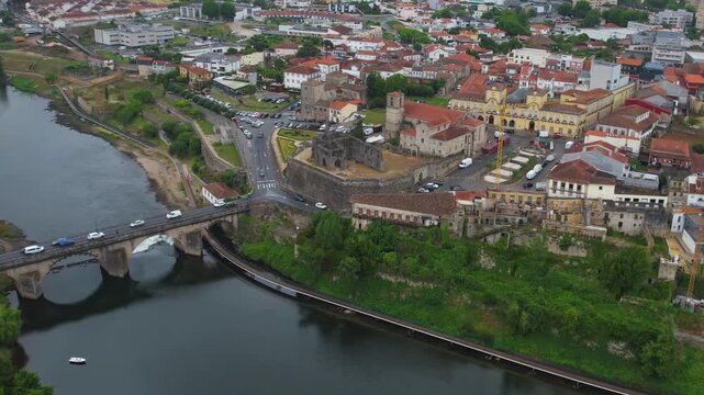 Aerial view of the downtown in the old town  of Barcelos on a cloudy summer noon in Portugal