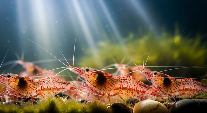 A group of vibrant red spotted freshwater shrimp swimming along the bottom of a sunlit aquarium. live shrimp in water