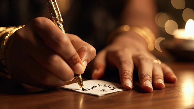 Close-up of hands wearing ornate bangles and rings writing with a golden pen