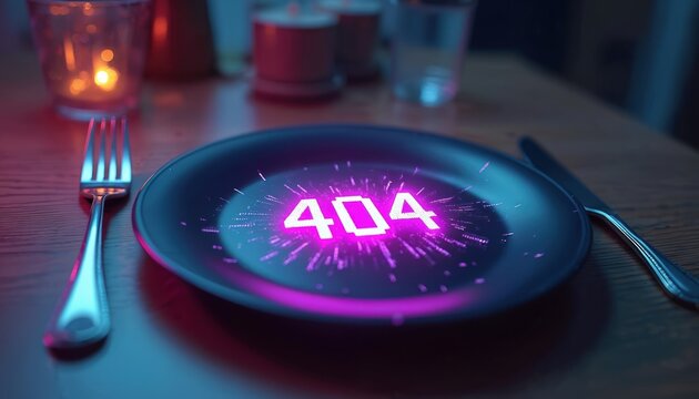 Cyberpunk restaurant plate shows 404 error code. Digital glitch on dinnerware with fork and knife. Neon lights glow, tech website page not found.