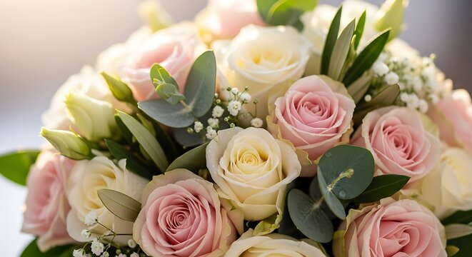 Macro close up of bridal bouquet with roses and greenery, soft romantic lighting, shallow depth of field, elegant wedding detail concept