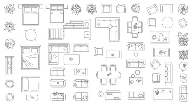 Furniture, Top, View, Outline, Set &ndash; Interior Design Plan Line Art Elements for House and Apartment Layout Vector