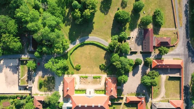 Aerial 4K video from a drone to Suuremoisa baroque manor ensemble in Estonia.  Hiiumaa, Estonia, baltic.