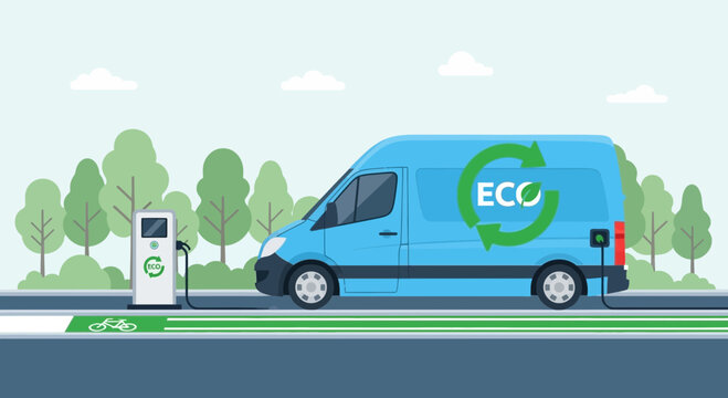 Blue electric van charging at eco-friendly station with green trees background