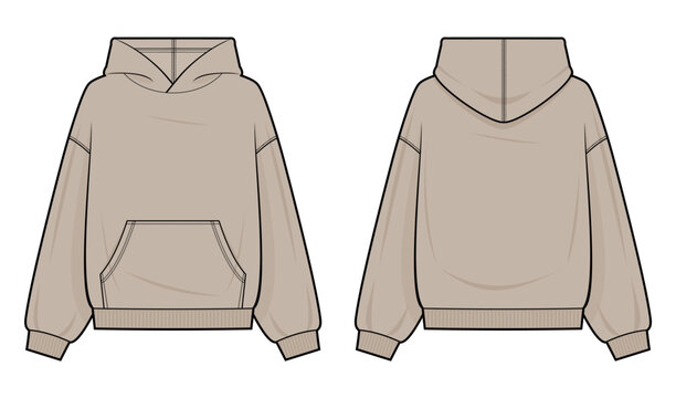 Oversized Beige Hoodie Technical Fashion Illustration. Pullover Sweatshirt with Kangaroo Pocket Vector Template. Front and Back View. Neutral Streetwear CAD Mockup