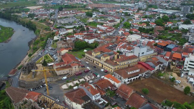 Aerial view of the downtown in the old town  of Barcelos on a cloudy summer noon in Portugal