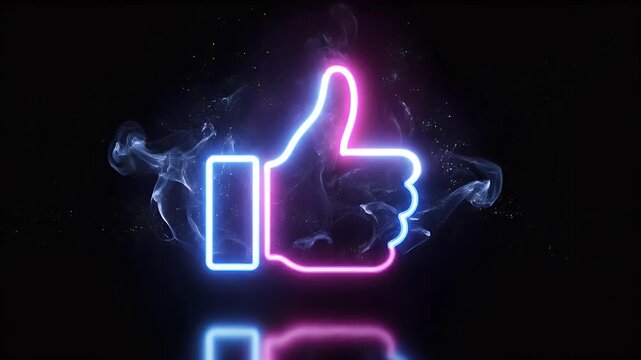 Neon thumbs-up symbol glows with pink and blue light against dark background
