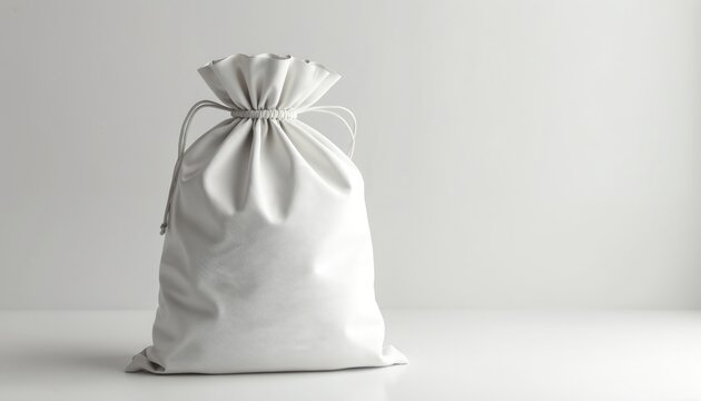 Plain white drawstring bag, empty textile sack with cinch cord. Useful for storage, packaging or travel. Simple studio background for mockups.