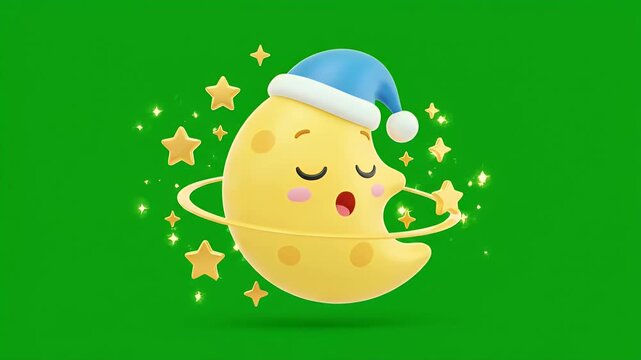 Whimsical crescent moon character wearing a sleeping cap surrounded by stars