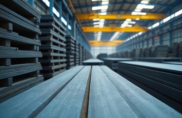Fototapeta premium Large stacks of metal sheets stored in a factory warehouse. Industrial building interior with rows of steel plates on shelves. Production plant materials neatly arranged.