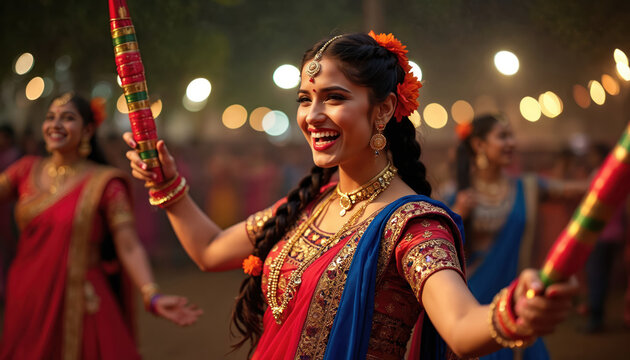 Indian woman dances joyfully at night festival. She wears bright chaniya choli, ornate jewelry, colorful bangles. Dancer plays dandiya sticks in lively celebration. Festive lights blur in background.