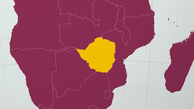 Zimbabwe map. Animated zoom into the country on the Globe in Pale Mint Dark Pink color palette. Country logo animation with round text and airplanes. Map with meridians, parallels. Beautiful video.