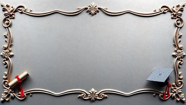 Digital graduation border featuring embossed elements &mdash; scrolls and caps &mdash; on a silver textured background, center space blank for certificate writing