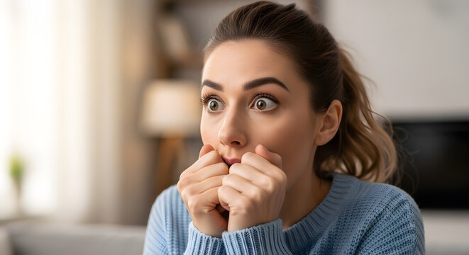 Woman with hands on mouth looking.