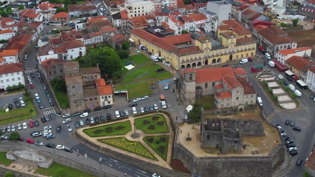 Aerial view of the downtown in the old town  of Barcelos on a cloudy summer noon in Portugal