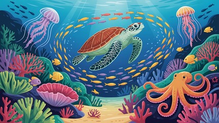 Obraz premium Whimsical underwater scene with a sea turtle jellyfish octopus and colorful coral reef