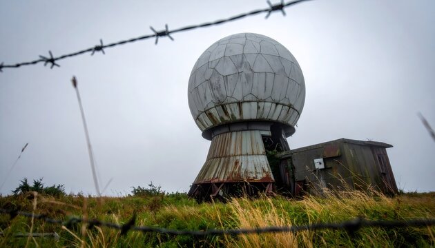 Abandoned radar station radome surrounded by barbed wire fence