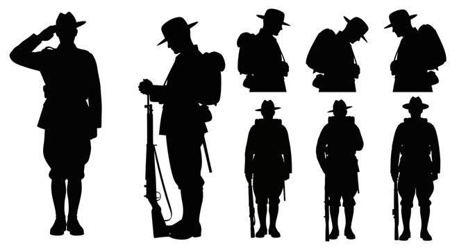 Set of black silhouettes of anzac soldiers in various poses, including saluting and carrying gear, against a clean white background for remembrance day tributes and fallen soldier memorials.