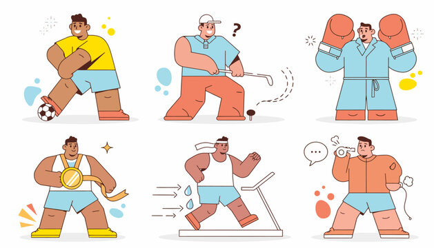 Cartoon man exercising with dumbbells.