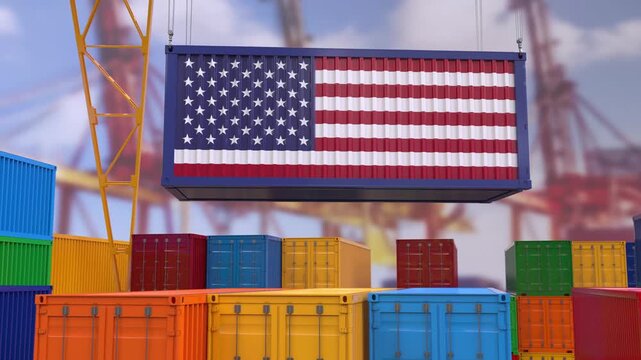 amera pan showing a container with the United States of America flag in a port dock scene.  4K 3D Animation.
