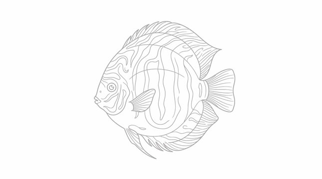 Detailed line art drawing of a discus fish with intricate patterns, suitable for coloring books or graphic design.