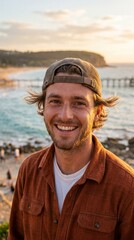 Fototapeta premium Smiling Young Man with Backward Cap at Beach During Golden Hour Sunset Coastal Landscape with Ocean Waves and Pier