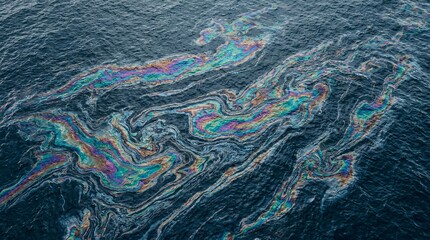 Obraz premium Aerial View of Iridescent Oil Spill Slick Contaminating Blue Ocean Water Surface in Gulf of Mexico Environmental Disaster