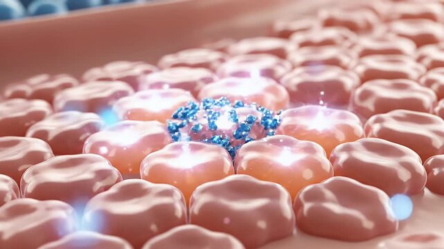 Macro view of cellular structures with blue particles interacting