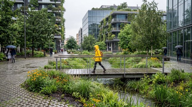 Person in Yellow Raincoat Walking Across Bridge in Sustainable Green City District with Rain Gardens and Permeable Paving