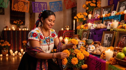 Obraz premium Smiling Mexican Woman Arranging Marigold Flowers on Traditional Dia de los Muertos Altar with Skulls and Pan de Muerto