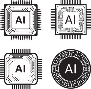Four artificial intelligence circuit board icons with ai label