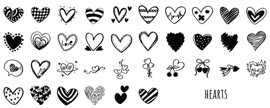Hand drawn heart doodle vector set. Black and white line art of love symbols, hearts with wings, arrows, and expressions for romantic designs.
