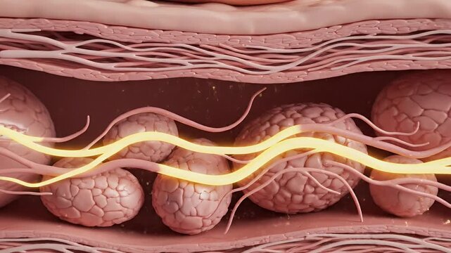 Microscopic view of skin layers with golden particles penetrating dermal tissue