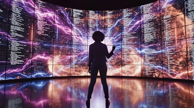 Person facing digital screen with code and lightning
